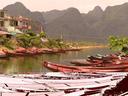 Boats for hire along the river leading to Vietnams most important Buddhist temple complex, the Perfume Pagoda. Good thing we came in off-season -- only a few of those boats went out for the day.